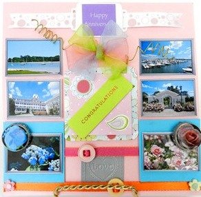 Scrapbook Page with Bows, Ribbons, and Recycled Bottlecaps