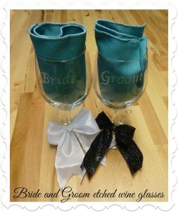 Bride and groom etched wine glasses