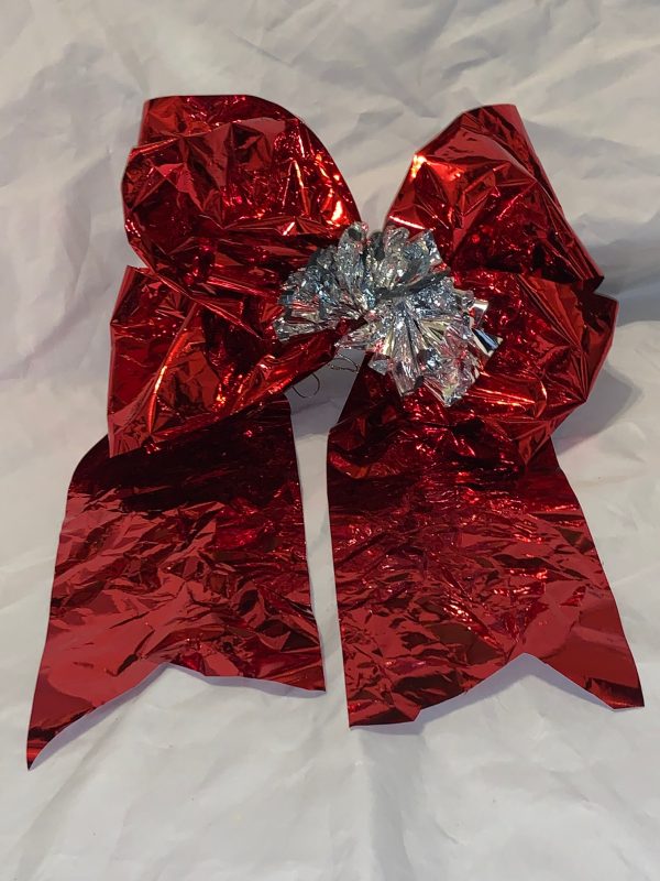 A red-silver scrunchy bow for Valentine gift wrap